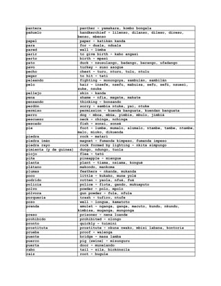 pantera                   panther - yamakara, kombo bongala
pañuelo                   handkerchief - lilenso, dilanso, dileso, direso,
                         benso, mbenso
papel                     paper - katikán kanda
para                      for - duala, nduala
pared                     wall - lúmba
parir                     to give birth - kabo angasi
parto                     birth - mpasi
pato                      duck - nsusulango, badango, barango, ufadango
pavo                      turkey - suso asogue
pecho                     chest - turu, nturu, tulu, ntulu
pegar                     to hit - tati
peleando                  fighting - monongoya, sambulán, sambilán
pelo                      hair - insefe, nsefu, mabuisa, sefu, sefú, nsuesi,
                         suke, nsuke
pellejo                   skin - kanda
pena                      shame - nfía, magate, makate
pensando                  thinking - bonsando
perdón                    sorry - sambia ntuke, yai, ntuke
permiso                   permission - kuenda banguata, kuendan banguata
perro                     dog - mboa, mbúa, yimbis, mbulo, jimbiá
pescuezo                  neck - chinga, nchinga
pescado                   fish - sonsi, sonsé
pie                       foot - lumbe, mumalo, alumalo, ntambe, tambe, ntambe,
                         malo, mioko, dikuenda
piedra                    rock - matari
piedra imán               magnet - fumanda kimpeso, fumanda impeso
piedra rayo               rock formed by lighting - nkita simpungo
pimienta (y de guinea)    dungo, ndungo, tuola
piojo                     flea - tatú
piña                      pineapple - miengue
planta                    plant - tiama, nsiama, kongué
plátano                   makondo, mankoma
plumas                    feathers - nkanda, mukanda
poco                      little - kukako, mune yolé
podrido                   rotten - yaola, nfuá, fuá
policía                   police - fiota, gando, mukuaputo
polvo                     powder - polo, mpolo
pólvora                   gun powder - fula, nfula
porquería                 trash - tufiro, ntufe
pozo                      well - longue, kamatoto
prenda                    amulet - nganga, ganga, macuto, kundu, nkundu,
                         kimbisa, muganga, mungonga
preso                     prisoner - nena luande
prohibido                 prohibited - nlongo
pronto                    quickly - tuimini
prostituta                prostitute - nkuna nwako, mbisi labana, kontoria
prueba                    proof - walenga
puente                    bridge - masa lamba
puerco                    pig (swine) - misunguru
puerta                    door - munelando
rabo                      tail - sila, biokónsila
raíz                      root - bugule
 
