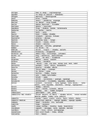 avispa                  bee or wasp - supiwanpungo
ayudar                  to help or assist - kawuanko
azogue                  mercury - fendingondé
azul                    blue - bundi
babosa                  snail - yerebita, soyanga
bailar                  to dance - kina kuame
baile                   dance festival - kizumba
ballena                 whale - lauriako
bandera                 flag - dimbre, kanda, lelensuata
bañarse                 to bathe - munia
baño                    bath - sala
barco                   boat - kumbe, nkumbe
barriga                 stomach - malusa, kibumo
bastante                plenty - mbongo
baston                  walking cane - tongo
basura                  trash - nsasa, ntiti
bata                    dress - matutu
bautizo                 baptism - botika, gangangó
beber                   to drink - mu
bebida                  drink , liquor - chamba, malafo
bendición               blessing - dingansuá
bichito (s)             small bug - bitilengo, (nfimán)
bicho (s)               bug - munfüira, (muninfüise)
bien                    well , be well - kiambote
bigotes                 beard - sanso, nsanso
blanco                  white - mundele
boca                     mouth - nuá, nia mua, munan nuá, moá, nakó
bolsillo                pocket - kuto, nkuto, munankuto
bonita                  pretty - mlombe, mbuta
bota                    throw away - lusango
botar                   to throw - yosa
botella                 bottle - fumbo, buate
brazo                   arm - lembo batolembo
brocha                  brush - sama
bruja                   witch , sorceress - guenge, nguenge
brujeriá                witchcraft - kindamba, mayombe, mumbanda
brujo                   wizard , sorcerer - tata nganga, tata nkisi,    tata
                       ndoki, tata mayombe, nbandoki, ndongo, ngangulero
bruto                   dummy - matutu
bueno                   well - bundu, lulendo, mbote
burro                   donkey , ass - kombo bongalá
caballero               gentleman - ndo, paná
caballito del diablo    horse (mount) of devil - nkombo akinó, nsusu muteka,
                       abalán pemba, kombo iata iabuiri
caballo                 horse - batu, nialo, nialu, fato, nfato, nkato
caballo medium          spiritual medium - ngango ngombo, nganga ngombo
cabeza                  head - brukoko, ntu, mulunda
cabildo                 home - munanso
café                    cuban coffee - kundia, kasá, kualikilo
calabaza                squash - malampe, nalé, makuké, maluké
caldero                 pot - kiso, nkiso, muluguanga
calentura               hot cold flash - fuka, mfuka
caliente                hot - banso
 