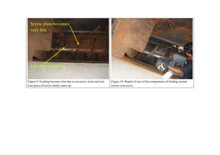 Screw plate becomes
  very thin




  Last piece eaten up


Figure 9: Feeding becomes thin due to excessive wear and tear.   Figure 10: Repair of one of the components of feeding system
Last piece of screw totally eaten up.                            (screw conveyor)
 