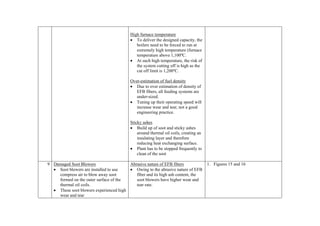 High furnace temperature
                                         • To deliver the designed capacity, the
                                            boilers need to be forced to run at
                                            extremely high temperature (furnace
                                            temperature above 1,100ºC.
                                         • At such high temperature, the risk of
                                            the system cutting off is high as the
                                            cut off limit is 1,200ºC.

                                         Over-estimation of fuel density
                                         • Due to over estimation of density of
                                            EFB fibers, all feeding systems are
                                            under-sized.
                                         • Tuning up their operating speed will
                                            increase wear and tear, not a good
                                            engineering practice.

                                         Sticky ashes
                                         • Build up of soot and sticky ashes
                                             around thermal oil coils, creating an
                                             insulating layer and therefore
                                             reducing heat exchanging surface.
                                         • Plant has to be stopped frequently to
                                             clean of the soot

9 Damaged Soot Blowers                  Abrasive nature of EFB fibers                1. Figures 15 and 16
  • Soot blowers are installed to use   • Owing to the abrasive nature of EFB
    compress air to blow away soot         fiber and its high ash content, the
    formed on the outer surface of the     soot blowers have higher wear and
    thermal oil coils.                     tear rate.
  • These soot blowers experienced high
    wear and tear
 