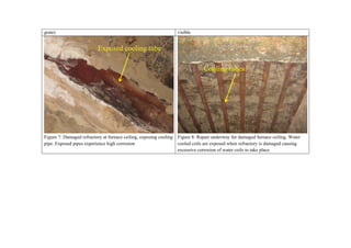 grate)                                                           visible


                          Exposed cooling tube

                                                                              Cooling tubes




Figure 7: Damaged refractory at furnace ceiling, exposing cooling Figure 8: Repair underway for damaged furnace ceiling. Water
pipe. Exposed pipes experience high corrosion                     cooled coils are exposed when refractory is damaged causing
                                                                  excessive corrosion of water coils to take place
 