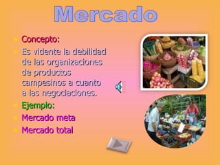 Concepto: Es vidente la debilidad de las organizaciones de productos campesinos a cuanto a las negociaciones. Ejemplo: Mercado meta  Mercado total   Mercado 