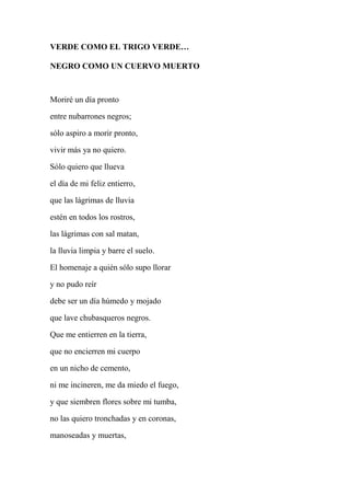 VERDE COMO EL TRIGO VERDE…
NEGRO COMO UN CUERVO MUERTO
Moriré un día pronto
entre nubarrones negros;
sólo aspiro a morir pronto,
vivir más ya no quiero.
Sólo quiero que llueva
el día de mi feliz entierro,
que las lágrimas de lluvia
estén en todos los rostros,
las lágrimas con sal matan,
la lluvia limpia y barre el suelo.
El homenaje a quién sólo supo llorar
y no pudo reír
debe ser un día húmedo y mojado
que lave chubasqueros negros.
Que me entierren en la tierra,
que no encierren mi cuerpo
en un nicho de cemento,
ni me incineren, me da miedo el fuego,
y que siembren flores sobre mi tumba,
no las quiero tronchadas y en coronas,
manoseadas y muertas,
 