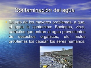 Contaminación del aguaContaminación del agua
• Es uno de los mayores problemas, a que,Es uno de los mayores problemas, a que,
el agua lo contamina: Bacterias, virus,el agua lo contamina: Bacterias, virus,
parásitos que entran al agua provenientesparásitos que entran al agua provenientes
de desechos orgánicos, etc. Estosde desechos orgánicos, etc. Estos
problemas los causan los seres humanos.problemas los causan los seres humanos.
 