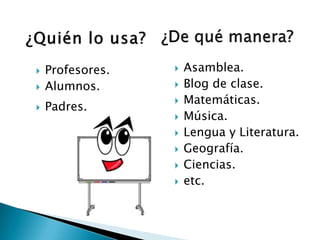    Profesores.      Asamblea.
   Alumnos.         Blog de clase.
                     Matemáticas.
   Padres.
                     Música.
                     Lengua y Literatura.
                     Geografía.
                     Ciencias.
                     etc.
 