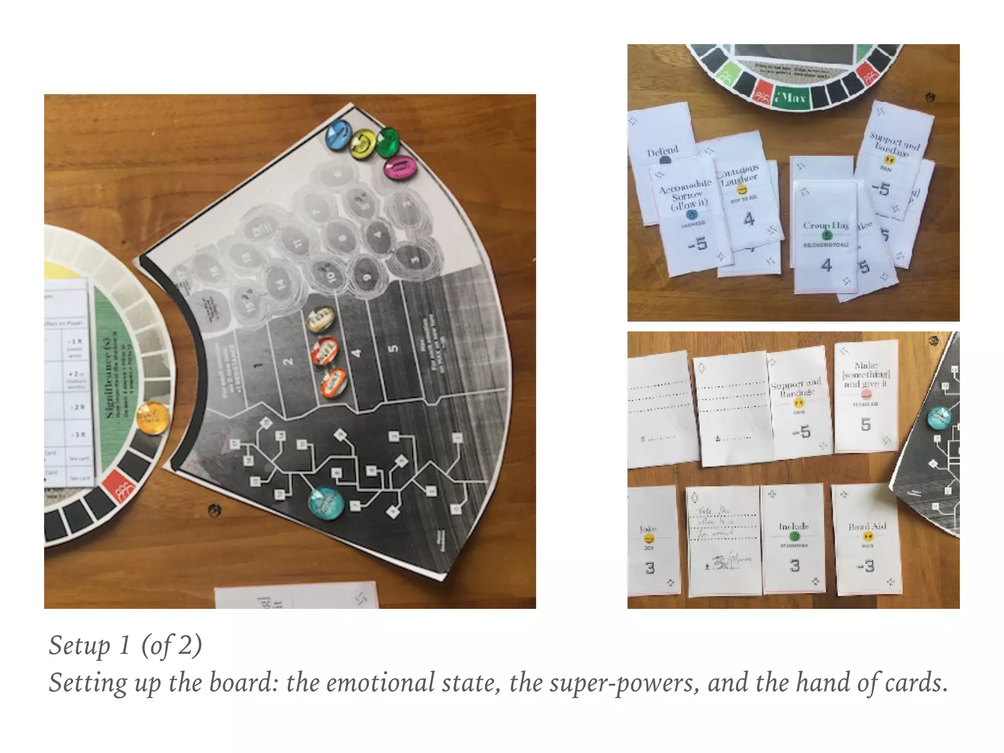 Setup 1 (of 2) 
Setting up the board: the emotional state, the super-powers, and the hand of cards.
 