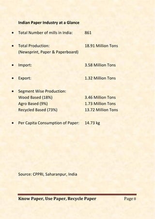 Know Paper, Use Paper, Recycle Paper Page 8
Indian Paper Industry at a Glance
• Total Number of mills in India: 861
• Total Production: 18.91 Million Tons
(Newsprint, Paper & Paperboard)
• Import: 3.58 Million Tons
• Export: 1.32 Million Tons
• Segment Wise Production:
Wood Based (18%) 3.46 Million Tons
Agro Based (9%) 1.73 Million Tons
Recycled Based (73%) 13.72 Million Tons
• Per Capita Consumption of Paper: 14.73 kg
Source: CPPRI, Saharanpur, India
 
