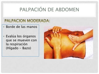 PALPACIÓN DE ABDOMEN

 Borde de las manos
 Evalúa los órganos

que se mueven con
la respiración
(Hígado - Bazo)

 