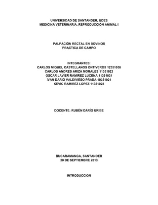 UNIVERSIDAD DE SANTANDER, UDES
MEDICINA VETERINARIA, REPRODUCCIÓN ANIMAL I
PALPACIÓN RECTAL EN BOVINOS
PRACTICA DE CAMPO
INTEGRANTES:
CARLOS MIGUEL CASTELLANOS ONTIVEROS 12351058
CARLOS ANDRES ARIZA MORALES 11351023
OSCAR JAVIER RAMIREZ LUCENA 11351031
IVAN DARIO VALDIVIESO PRADA 10351021
KEVIC RAMIREZ LOPEZ 11351028
DOCENTE: RUBÉN DARÍO URIBE
BUCARAMANGA, SANTANDER
20 DE SEPTIEMBRE 2013
INTRODUCCION
 