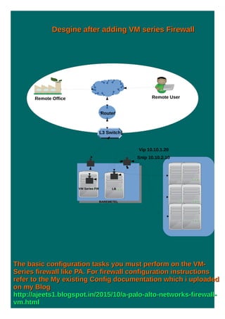 Remote Office Remote User
BAREMETEL
LB
Router
L3 Switch
Vip 10.10.1.20
Snip 10.10.2.10
VM Series FW
Desgine after adding VM series FirewallDesgine after adding VM series Firewall
The basic configuration tasks you must perform on the VM-The basic configuration tasks you must perform on the VM-
Series firewall like PA. For firewall configuration instructionsSeries firewall like PA. For firewall configuration instructions
refer to the My existing Config documentation which i uploadedrefer to the My existing Config documentation which i uploaded
on my Blogon my Blog
http://ajeets1.blogspot.in/2015/10/a-palo-alto-networks-firewall-http://ajeets1.blogspot.in/2015/10/a-palo-alto-networks-firewall-
vm.htmlvm.html
 