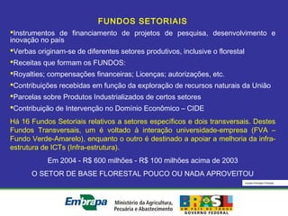 Equipe Embrapa Florestas
FUNDOS SETORIAIS
Instrumentos de financiamento de projetos de pesquisa, desenvolvimento e
inovação no país
Verbas originam-se de diferentes setores produtivos, inclusive o florestal
Receitas que formam os FUNDOS:
Royalties; compensações financeiras; Licenças; autorizações, etc.
Contribuições recebidas em função da exploração de recursos naturais da União
Parcelas sobre Produtos Industrializados de certos setores
Contribuição de Intervenção no Domínio Econômico – CIDE
Há 16 Fundos Setoriais relativos a setores específicos e dois transversais. Destes
Fundos Transversais, um é voltado à interação universidade-empresa (FVA –
Fundo Verde-Amarelo), enquanto o outro é destinado a apoiar a melhoria da infra-
estrutura de ICTs (Infra-estrutura).
Em 2004 - R$ 600 milhões - R$ 100 milhões acima de 2003
O SETOR DE BASE FLORESTAL POUCO OU NADA APROVEITOU
 