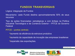 Equipe Embrapa Florestas
FUNDOS TRANSVERSAIS
Lógica: integração de Fundos
Mecanismo: cada Fundo destina aproximadamente 50% de seus
recursos
Tipo de ações financiadas: estratégicas e com ênfase na Política
Industrial Tecnológica e de Comércio Exterior – PITCE do Governo
Federal
PITCE – pontos centrais:
aumento da eficiência da estrutura produtiva
aumento da capacidade de inovação das empresas brasileiras
expansão das exportações.
 