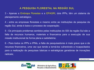 Equipe Embrapa Florestas
A PESQUISA FLORESTAL NA REGIÃO SUL
3 - Apenas a Embrapa Florestas e a EPAGRI, dois IPPs, têm um sistema de
planejamento estratégico.
4 - entre as empresas florestais e mesmo entre as instituições de pesquisa da
região Sul, ainda é baixo o processo de cooperação;
5 - Os principais problemas sentidos pelas instituições do SSI da região Sul são a
falta de recursos humanos, materiais e financeiros para a execução de sua
missão institucional de forma plena e satisfatória;
6 - Para todos os IPPs e IPMs, a falta de pesquisadores é mais grave que a de
recursos financeiros, uma vez que tende a torná-los vulneráveis e incapacitados
para a realização de pesquisas básicas e estratégicas geradoras de inovações
radicais;
 