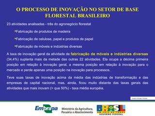 Equipe Embrapa Florestas
O PROCESSO DE INOVAÇÃO NO SETOR DE BASE
FLORESTAL BRASILEIRO
23 atividades analisadas - três do agronegócio florestal
Fabricação de produtos de madeira
Fabricação de celulose, papel e produtos de papel
Fabricação de móveis e indústrias diversas
A taxa de inovação geral da atividade de fabricação de móveis e indústrias diversas
(34,4%) suplanta mais da metade das outras 22 atividades. Ela ocupa a décima primeira
posição em relação à inovação geral, a mesma posição em relação à inovação para o
mercado e perde apenas uma posição na inovação para processos.
Teve suas taxas de inovação acima da média das indústrias de transformação e das
empresas de capital nacional, mas, ainda, ficou muito distante das taxas gerais das
atividades que mais inovam (> que 50%) - taxa média européia.
 
