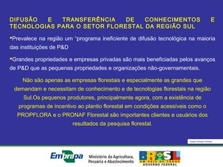 Equipe Embrapa Florestas
DIFUSÃO E TRANSFERÊNCIA DE CONHECIMENTOS E
TECNOLOGIAS PARA O SETOR FLORESTAL DA REGIÃO SUL
Prevalece na região um “programa ineficiente de difusão tecnológica na maioria
das instituições de P&D
Grandes propriedades e empresas privadas são mais beneficiadas pelos avanços
de P&D que as pequenas propriedades e organizações não-governamentais.
Não são apenas as empresas florestais e especialmente as grandes que
demandam e necessitam de conhecimento e de tecnologias florestais na região
Sul.Os pequenos produtores, principalmente agora, com a existência de
programas de incentivo ao plantio florestal em condições acessíveis como o
PROPFLORA e o PRONAF Florestal são importantes clientes e usuários dos
resultados da pesquisa florestal.
 