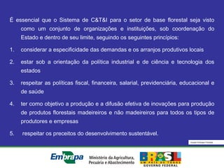 Equipe Embrapa Florestas
É essencial que o Sistema de C&T&I para o setor de base florestal seja visto
como um conjunto de organizações e instituições, sob coordenação do
Estado e dentro de seu limite, seguindo os seguintes princípios:
1. considerar a especificidade das demandas e os arranjos produtivos locais
2. estar sob a orientação da política industrial e de ciência e tecnologia dos
estados
3. respeitar as políticas fiscal, financeira, salarial, previdenciária, educacional e
de saúde
4. ter como objetivo a produção e a difusão efetiva de inovações para produção
de produtos florestais madeireiros e não madeireiros para todos os tipos de
produtores e empresas
5. respeitar os preceitos do desenvolvimento sustentável.
 