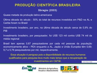Equipe Embrapa Florestas
PRODUÇÃO CIENTÍFICA BRASILEIRA
Sbragia (2003)
Quase metade da produção latino-americana
Última década do século - 50% do total de recursos investidos em P&D na AL e
Caribe foram no Brasil
Investimento brasileiro, por ano, na última década do século cerca de 0,9% do
PIB
Investimento brasileiro, por pesquisador, foi US$ 123 mil contra US$ 74 mil da
média regional
Brasil tem apenas 0,67 pesquisadores por cada mil pessoas da população
economicamente ativa – PEA enquanto a AL, Japão e União Européia têm 0,69;
9,7 e 5,78 pesquisadores por mil, respectivamente.
Essa situação é perigosa pois a disponibilidade de recursos humanos
qualificados para pesquisa leva muito mais tempo que a recuperação de
investimentos em C&T&I.
 