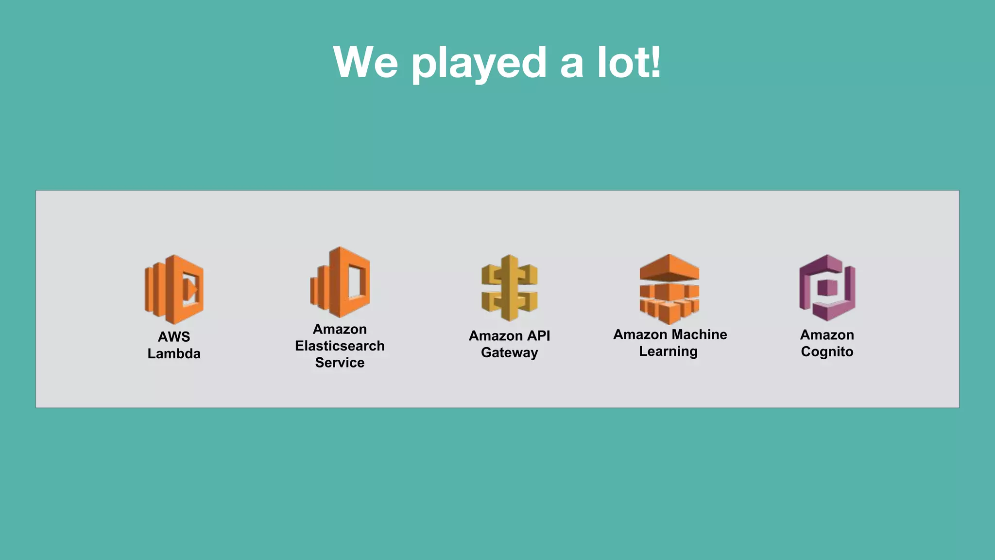 We played a lot!
AWS
Lambda
Amazon Machine
Learning
Amazon
Cognito
Amazon API
Gateway
Amazon
Elasticsearch
Service
 