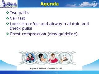 2
Agenda
Two parts
Call fast
Look-listen-feel and airway maintain and
check pulse
Chest compression (new guideline)
 