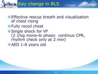 34
Key change in BLS
Effective rescue breath and visualization
of chest rising
Fully recoil chest
Single shock for VF
(2 J/kg mono-bi phasic continue CPR,
rhythm check only at 2 min)
AED 1-8 years old
 