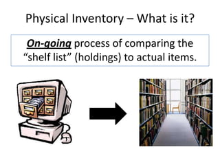 Physical Inventory – What is it?On-going process of comparing the “shelf list” (holdings) to actual items.