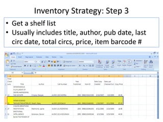 Makes shelf list more manageable in step 3A few notes about weeding…It is as important as selectionMust be done regularlyHoarding is not collection development
