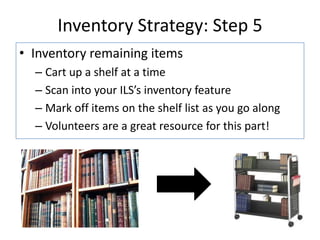 Usually includes title, author, pub date, last circ date, total circs, price, item barcode #Inventory Strategy: Step 4Identify obvious errors on shelf list.Call numbers that don’t line upItems without prices or other empty fields on listFind the items and fix their records and inventory them