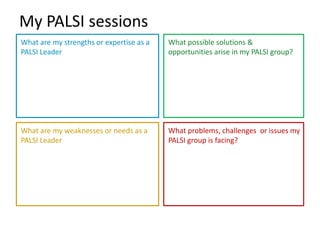 My PALSI sessions
What are my strengths or expertise as a   What possible solutions &
PALSI Leader                              opportunities arise in my PALSI group?




What are my weaknesses or needs as a      What problems, challenges or issues my
PALSI Leader                              PALSI group is facing?
 