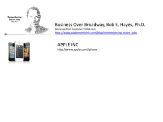Business Over Broadway, Bob E. Hayes, Ph.D.
Retrieved from Customer THINK.com
http://www.customerthink.com/blog/remembering_steve_jobs


  APPLE INC
  http://www.apple.com/iphone
 