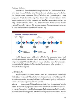 11
Ventricular fibrillation
การรักษาภาวะ Ventricular fibrillation ในปัจจุบันเน้นการทา BLS ไปก่อนโดยจะต้องใช้เวลา
ในการ check rhythm เพื่อวินิจฉัยภาวะช็อกสั้นที่สุด เมื่อเครื่อง defibrillation charge ไฟพร้อมที่จะ
ช็อก จึงหยุดทา Chest compression ใช้กระแสไฟเริ่มต้น 2 J/kg เพียงหนเดียวและทา chest
compression ต่อไปอีก 2 นาทีทันที จึงหยุดเพื่อดู rhythm ถ้ายังมี ventricular fibrillation ก็ให้ทา
chest compression ตามด้วยยาคือ Epinephrine ทาง IV/IO ในขนาด 0.01 mg/kg (1:10,000, 0.1
ml/kg) และให้ทา defibrillation ในขนาด 4 J/kg เพียงหนเดียวและทา chest compression ต่อไปอีก
2 นาทีทันที จึงหยุดเพื่อดู rhythm ถ้ายังมี ventricular fibrillation ก็ให้ยา amiodarone 5 mg/kg และ
ทา Chest compression ตามด้วย defibrillation ในขนาด 4 J/kg
การใช้ Biphasic shock ในผู้ป่วยเด็กน่าจะได้ผลดีเท่ากับ Monophasic shock โดยมี
ผลข้างเคียงต่อ myocardial dysfunction น้อยกว่า โดยขนาด dose ที่ใช้นั้นเท่ากัน การใช้ AED นั้นมี
หลักฐานว่านทางปฎิบัติให้การช็อกได้รวดเร็วกว่า manual defibrillator เพราะเครื่องจะสามารถอ่าน
และแนะนาให้ช็อกได้เร็วเมื่อเทียบกับผู้ให้การช่วยชีวิตที่ไม่ได้มีประสบการณ์ในการวินิจฉัยภาวะ
Ventricular fibrillation อยู่บ่อยๆ
การใช้ AED ในเด็ก
ตามที่ทราบกันดีแล้วว่าสาเหตุของ cardiac arrest หรือ cardiopulmonary arrest ในเด็ก
ส่วนใหญ่เป็นผลจากโรคของเด็กที่เป็นแล้วเป็นมากขึ้น ส่วนน้อย (ประมาณ 5-15%) ที่มีสาเหตุจากหัว
ใจเต้นผิดปกติเป็น VF/VT โดยมากพบในเด็กโตหรือวัยรุ่นโดยปกติเด็กกลุ่มนี้จะสบายดี ไม่มีอาการ
แล้วเกิด sudden collapse ผู้ป่วยกลุ่มนี้ต้องการ defibrillation
พลังงาน (energy dose) ที่ต่าที่สุด หรือเหมาะสมที่สุดสาหรับการทา defibrillation ในเด็กยัง
ไม่ทราบ เช่นเดียวกับขนาดสูงสุดที่ปลอดภัยก็ยังไม่ทราบ แต่จากการศึกษาพบว่า ขนาดพลังงานน้อย
กว่า 4J/Kg (หรืออาจสูงถึง 9 J/Kg) ได้ผลใน defibrillation ในเด็ก (children) และในสัตว์ทดลอง โดย
ไม่เกิดผลข้างเคียง และจากข้อมูลการใช้ defibrillation ในผู้ใหญ่ และจากสัตว์ทดลองพบว่า Biphasic
 