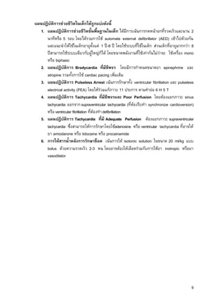 9
แผนปฏิบัติการช่วยชีวิตในเด็กได้ถูกแบ่งดังนี้
1. แผนปฏิบัติการช่วยชีวิตขั้นพื้นฐานในเด็ก ได้มีการเน้นการกดหน้าอกที่รวดเร็วและนาน 2
นาทีหรือ 5 รอบ โดยได้รวมการใช้ automate external defibrillator (AED) เข้าไปด้วยกัน
และแนะนาให้ใช้ในเด็กอายุตั้งแต่ 1 ปี-8 ปี โดยใช้ระบบที่ใช้ในเด็ก ส่วนเด็กที่อายุมากกว่า 8
ปีสามารถใช้ระบบเดียวกับผู้ใหญ่ก็ได้ โดยขนาดพลังงานที่ใช้เท่ากันไม่ว่าจะ ใช้เครื่อง mono
หรือ biphasic
2. แผนปฏิบัติการ Bradycardia ที่มีชีพจร โดยมีการกาหนดขนาดยา epinephrine และ
atropine รวมทั้งการใช้ cardiac pacing เพิ่มเติม
3. แผนปฏิบัติการ Pulseless Arrest เน้นการรักษาทั้ง ventricular fibrillation และ pulseless
electrical activity (PEA) โดยให้ร่วมแก้ภาวะ 11 ประการ ตามคาย่อ 6 H 5 T
4. แผนปฏิบัติการ Tachycardia ที่มีชีพจรและ Poor Perfusion โดยต้องแยกภาวะ sinus
tachycardia ออกจากsupraventricular tachycardia (ที่ต้องรีบทา synchronize cardioversion)
หรือ ventricular fibrillation ที่ต้องทาdefibrillation
5. แผนปฏิบัติการ Tachycardia ที่มี Adequate Perfusion ต้องแยกภาวะ supraventricular
tachycardia ซึ่งสามารถให้การรักษาโดยใช้adenosine หรือ ventricular tachycardia ที่อาจให้
ยา amiodarone หรือ lidocaine หรือ procainamide
6. การให้สารน้าหลังการรักษาช็อค เน้นการให้ isotonic solution ในขนาด 20 ml/kg แบบ
bolus ด้วยความรวดเร็ว 2-3 หน โดยอาจต้องให้เลือดร่วมกับการใช้ยา inotropic หรือยา
vasodilator
 