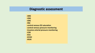 Diagnostic assessment
-ABG
-VBG
-CBG
-FBC
-central venous O2 saturation
-central venous pressure monitoring
-invasive arterial pressure monitoring
-CXR
-ECG
-ECHO
-PEFR
 