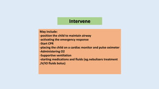 Intervene
May include:
-position the child to maintain airway
-activating the emergency response
-Start CPR
-placing the child on a cardiac monitor and pulse oximeter
-Administering O2
-Supportive ventilation
-starting medications and fluids (eg.nebulizers treatment
,IV/IO fluids bolus)
 