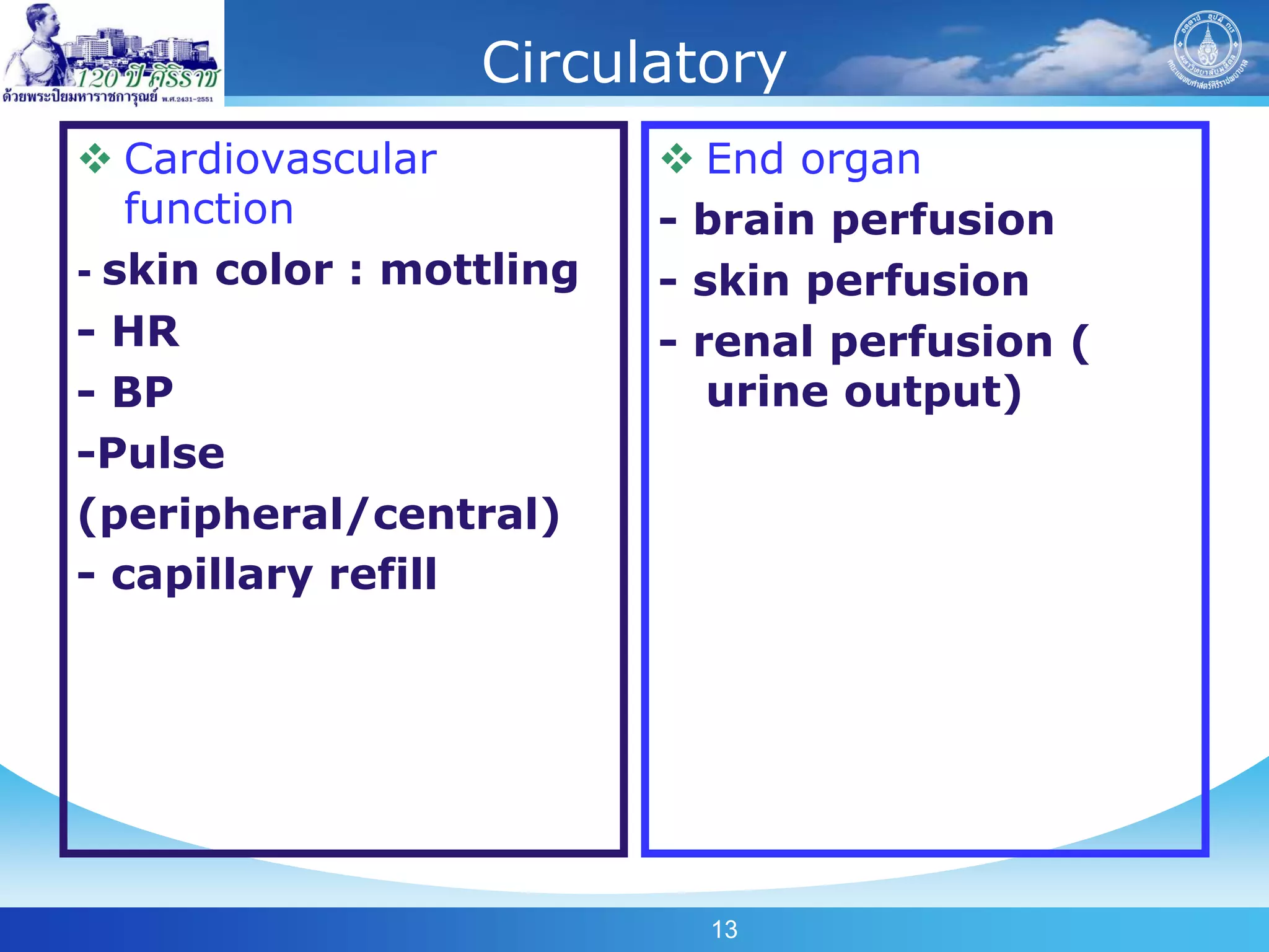 Circulatory
 Cardiovascular           End organ
   function               - brain perfusion
- skin color : mottling   - skin perfusion
- HR                      - renal perfusion (
- BP                         urine output)
-Pulse
(peripheral/central)
- capillary refill




                            13
 