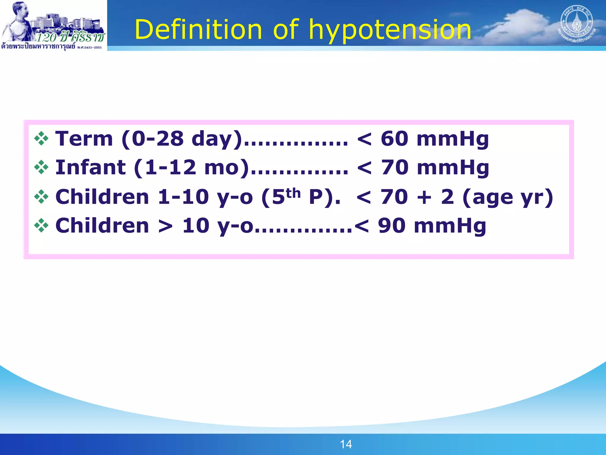 Definition of hypotension


 Term (0-28 day)…………… < 60 mmHg
 Infant (1-12 mo)………….. < 70 mmHg
 Children 1-10 y-o (5th P). < 70 + 2 (age yr)
 Children > 10 y-o…………..< 90 mmHg




                           14
 