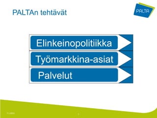 PALTAn tehtävät



           Elinkeinopolitiikka
            Elinkeinopolitiikka
           Työmarkkina-asiat
            Palvelut


7.1.2013               7
 