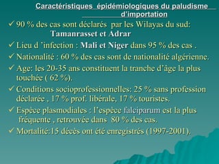 Caractéristiques  épidémiologiques du paludisme  d’importation   90 % des cas sont déclarés  par les Wilayas du sud:   Tamanrasset et Adrar   Lieu d ’infection :  Mali et Niger  dans 95 % des cas . Nationalité : 60 % des cas sont de nationalité algérienne. Age: les 20-35 ans constituent la tranche d’âge la plus touchée ( 62 %). Conditions socioprofessionnelles: 25 % sans profession déclarée , 17 % prof. libérale, 17 % touristes.  Espèce plasmodiales : l’espèce   falciparum   est la plus  fréquente , retrouvée dans  80 % des cas. Mortalité:15 décès ont été enregistrés (1997-2001). 