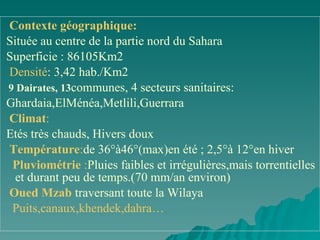 Contexte géographique: Située au centre de la partie nord du Sahara Superficie : 86105Km2 Densité : 3,42 hab./Km2 9 Dairates, 13 communes, 4 secteurs sanitaires: Ghardaia,ElMénéa,Metlili,Guerrara Climat :  Etés très chauds, Hivers doux Température : de 36°à46°(max)en été ; 2,5°à 12°en hiver Pluviométrie  : Pluies faibles et irrégulières,mais torrentielles et durant peu de temps.(70 mm/an environ) Oued Mzab   traversant toute la Wilaya Puits,canaux,khendek,dahra… 