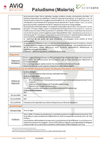 Paludisme (Malaria)
FICHE INFORMATIVE PALUDISME version Juillet 2016 4
Symptômes
Accès palustresimple:fièvre,céphalées,myalgies,asthénie,nausées,vomissements,diarrhées. Le
tableaucliniqueétantnon spécifique,il existeun risquedenepaspenser au di agnostic si on ne
recherchepaslanotiond’un voyageen zoned’endémie.Or,en casd’infectionà P. falciparum, l e
maladepeut,à toutmomentet en quelques heures,évoluer de« l’accèssimple » vers un accès
gravepouvantêtrerapidementmortel en l’absenced’unepriseen chargeadaptée.
Accès palustreà fièvrepériodique:correspondà ladescription delatriade classique de l ’accès
palustre:« frissons,chaleur,sueurs» survenanttousles2 jours(fi èvre ti erce pour P. vivax ou
ovale) ou tous les 3 jours (fièvrequartepour P.malariae).Il faitsuiteà un accèsdeprimo-invasion
non traitémais peutsurvenir longtempsaprèsl’épisodefébrileinitial :reviviscences précoces ou
tardives(jusqu’à2-5anspour P.vivax ovaleetjusqu’à20 ans pourP.malariaeaprèsleretourde l a
zoned’endémie).Il n’existepasdereviviscencepourles P.falciparumetknowlesi.
La répétition de ces accès (en zone d’endémie) s’accompagne d’une anémie et d’une
splénomégalie.
Complications
Le paludismeà P.falciparumchezun sujetnon immun(jeuneenfanten zone d’endémie, femme
enceinte,expatrié,voyageur) estpotentiellement graveetmortel avec :neuropaludisme(troubles
de la conscience, coma), défaillance multi viscérale, perturbations métaboliques et
hydroélectrolytiques,voiredécès.
P.knowlesi :détresserespiratoire,insuffisancerénale,décès.
Diagnostic
Diagnostic
biologique
Frottis sanguin (FS) etgoutteépaisse(GE),permettantl’identificationdel’espèceetla mesuredela
parasitémie. Une différenciation de Plasmodium spp. doit être réalisée pour déterminer le
traitementadéquat.
Des tests diagnostiquesrapidesexistentmaisdoiventêtreconfirmésparFS ou GE.
Répéter les tests en casdesuspicion cliniqueetrésultats initiaux négatifs.
Définition de cas de l’ECDC (European Centre for Disease Prevention and Control)1
Critères de
diagnostic
Critères cliniques
ToutsujetprésentantdelafièvreOUdes antécédentsdefièvre.
Critères delaboratoire
Au moins undes troiscritèressuivants:
- Miseen évidencedel’hématozoairedu paludismepar microscopieoptiquedansdes frottis
sanguins ;
- Détection d’acidenucléiquedePlasmodiumdanslesang ;
- Détection del’antigènedePlasmodium.
Il convient,si possible,deprocéderà unedifférenciationdePlasmodiumspp.
Critères épidémiologiques
N/A.
Cas possible N/A.
Cas probable N/A.
Cas confirmé Toutepersonnerépondantaux critèrescliniquesetaux critèresdelaboratoire.
Epidémiologie
Grouped’âge Tous les âges.
Incidence
Selon l’OMS,l’incidencedu paludismeetla mortalitéassociéeontrespectivementdiminuéde 30%
et de 40%au niveau mondial entre2000et2013.En 2013,lenombrede casestimés était de 198
millions.
Le paludismea étééradiquéen Europemaisà uneéchelletoutà faitdifférente, l e paludisme est
importantaussi pourlesvoyageurs ;environ250à 300casimportéssontdiagnostiquésen Belgique
chaqueannée.Les casdemalariaautochtonenotifiésdepuis1996en Belgiquesontrares.
1
European Centre for DiseasesPrevention andControl:
http://eur-lex.europa.eu/LexUriServ/LexUriServ.do?uri=OJ:L:2008:159:0046:0090:FR:PDF
 