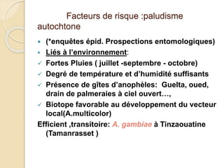 Facteurs de risque :paludisme 
autochtone 
 (*enquêtes épid. Prospections entomologiques) 
 Liés à l’environnement: 
 Fortes Pluies ( juillet -septembre - octobre) 
 Degré de température et d’humidité suffisants 
 Présence de gîtes d’anophèles: Guelta, oued, 
drain de palmeraies à ciel ouvert…, 
 Biotope favorable au développement du vecteur 
local(A.multicolor) 
Efficient ,transitoire: A. gambiae à Tinzaouatine 
(Tamanrasset ) 
 