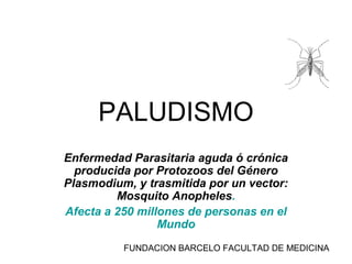 FUNDACION BARCELO FACULTAD DE MEDICINA
PALUDISMO
Enfermedad Parasitaria aguda ó crónica
producida por Protozoos del Género
Plasmodium, y trasmitida por un vector:
Mosquito Anopheles.
Afecta a 250 millones de personas en el
Mundo
 