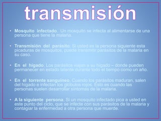 • Mosquito infectado. Un mosquito se infecta al alimentarse de una
persona que tiene la malaria.
• Transmisión del parásito. Si usted es la persona siguiente esta
picaduras de mosquitos, puede transmitir parásitos de la malaria en
su caso.
• En el hígado. Los parásitos viajan a su hígado – donde pueden
permanecer en estado latente durante todo el tiempo como un año.
• En el torrente sanguíneo. Cuando los parásitos maduran, salen
del hígado e infectan los glóbulos rojos. Esto es cuando las
personas suelen desarrollar síntomas de la malaria.
• A la siguiente persona. Si un mosquito infectado pica a usted en
este punto del ciclo, que se infecte con sus parásitos de la malaria y
contagiar la enfermedad a otra persona que muerde.
 