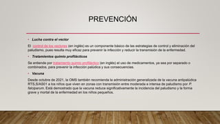 PREVENCIÓN
• Lucha contra el vector
El control de los vectores (en inglés) es un componente básico de las estrategias de control y eliminación del
paludismo, pues resulta muy eficaz para prevenir la infección y reducir la transmisión de la enfermedad.
• Tratamientos quimio profilácticos
Se entiende por tratamiento quimio profiláctico (en inglés) el uso de medicamentos, ya sea por separado o
combinados, para prevenir la infección palúdica y sus consecuencias.
• Vacuna
Desde octubre de 2021, la OMS también recomienda la administración generalizada de la vacuna antipalúdica
RTS,S/AS01 a los niños que viven en zonas con transmisión entre moderada e intensa de paludismo por P.
falciparum. Está demostrado que la vacuna reduce significativamente la incidencia del paludismo y la forma
grave y mortal de la enfermedad en los niños pequeños.
 