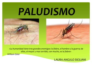 PALUDISMO
LAURA ANGULO SICILIANI
«La humanidad tiene tres grandes enemigos: la fiebre, el hambre y la guerra; de
ellos, el mayor y mas terrible, con mucho, es la fiebre»
William Osler
 