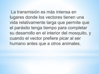 La transmisión es más intensa en 
lugares donde los vectores tienen una 
vida relativamente larga que permite que 
el parásito tenga tiempo para completar 
su desarrollo en el interior del mosquito, y 
cuando el vector prefiere picar al ser 
humano antes que a otros animales. 
 