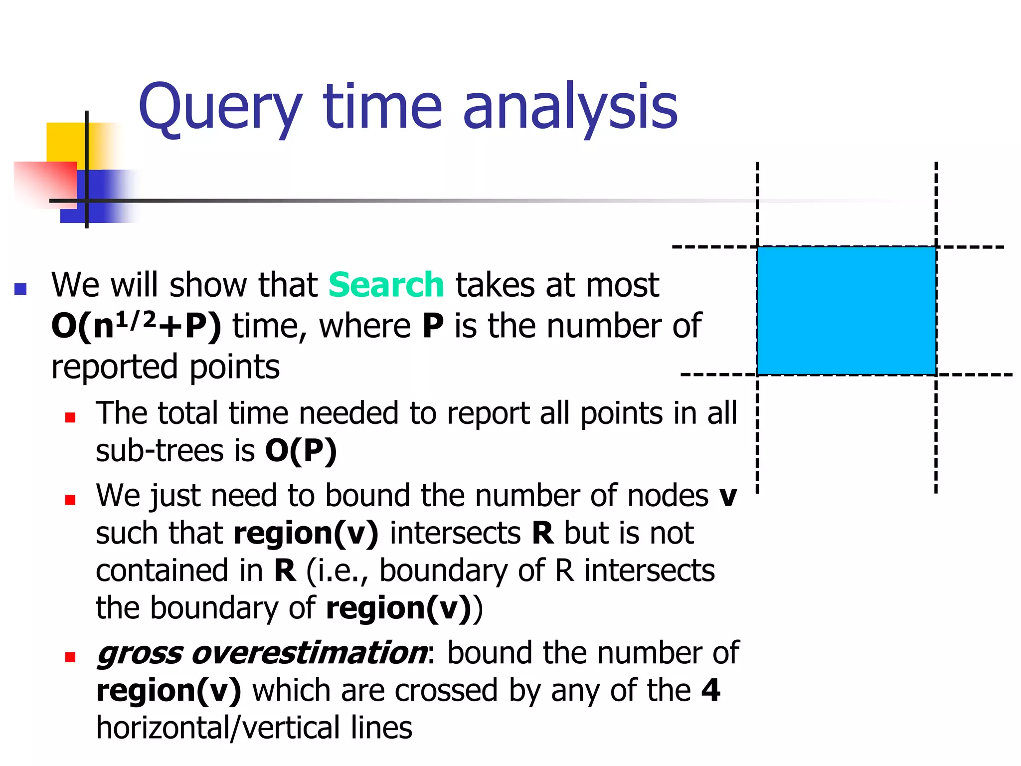 Query time analysis
 We will show that Search takes at most
O(n1/2+P) time, where P is the number of
reported points
 The total time needed to report all points in all
sub-trees is O(P)
 We just need to bound the number of nodes v
such that region(v) intersects R but is not
contained in R (i.e., boundary of R intersects
the boundary of region(v))
 gross overestimation: bound the number of
region(v) which are crossed by any of the 4
horizontal/vertical lines
 