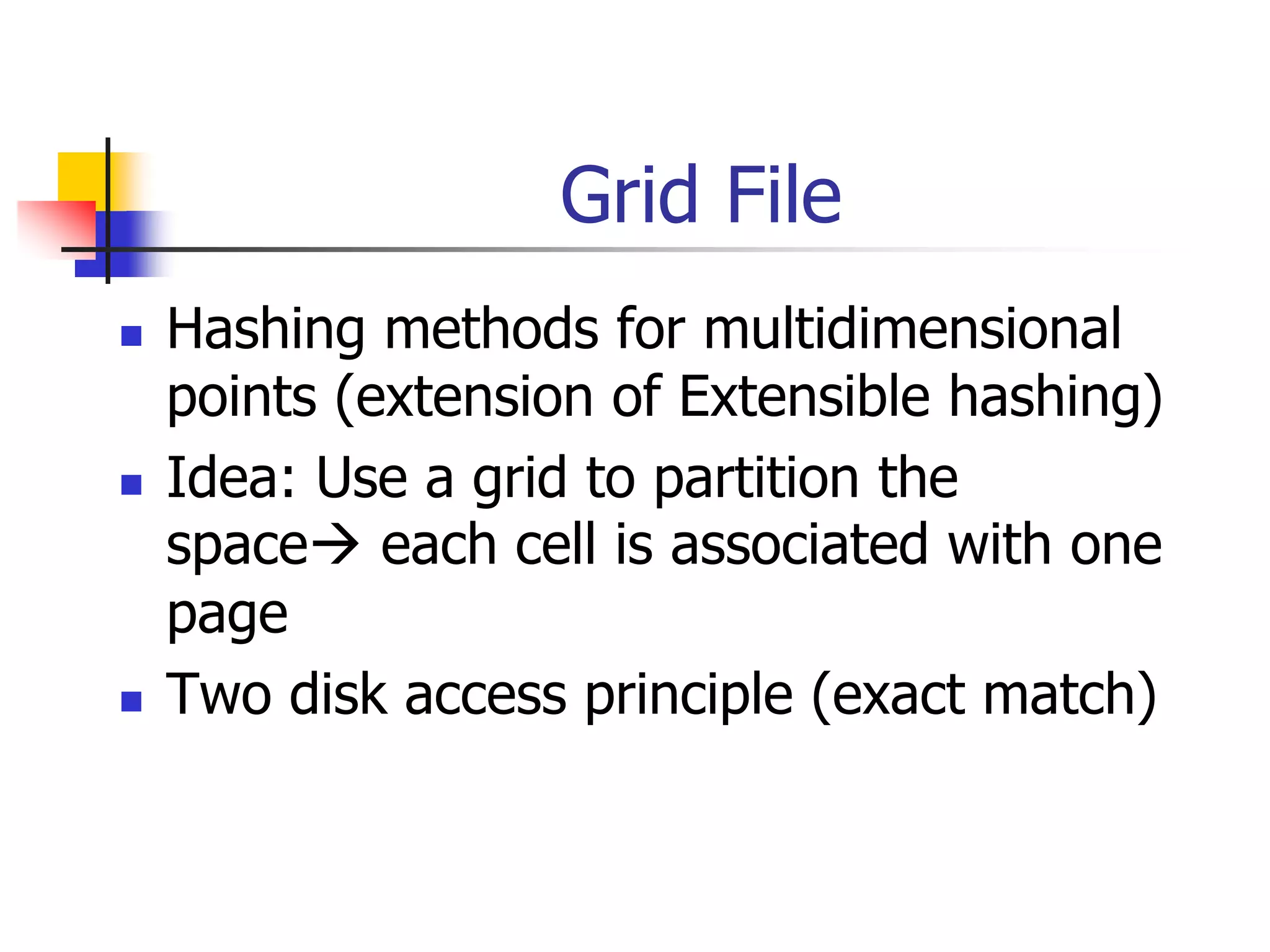 Grid File
 Hashing methods for multidimensional
points (extension of Extensible hashing)
 Idea: Use a grid to partition the
space each cell is associated with one
page
 Two disk access principle (exact match)
 