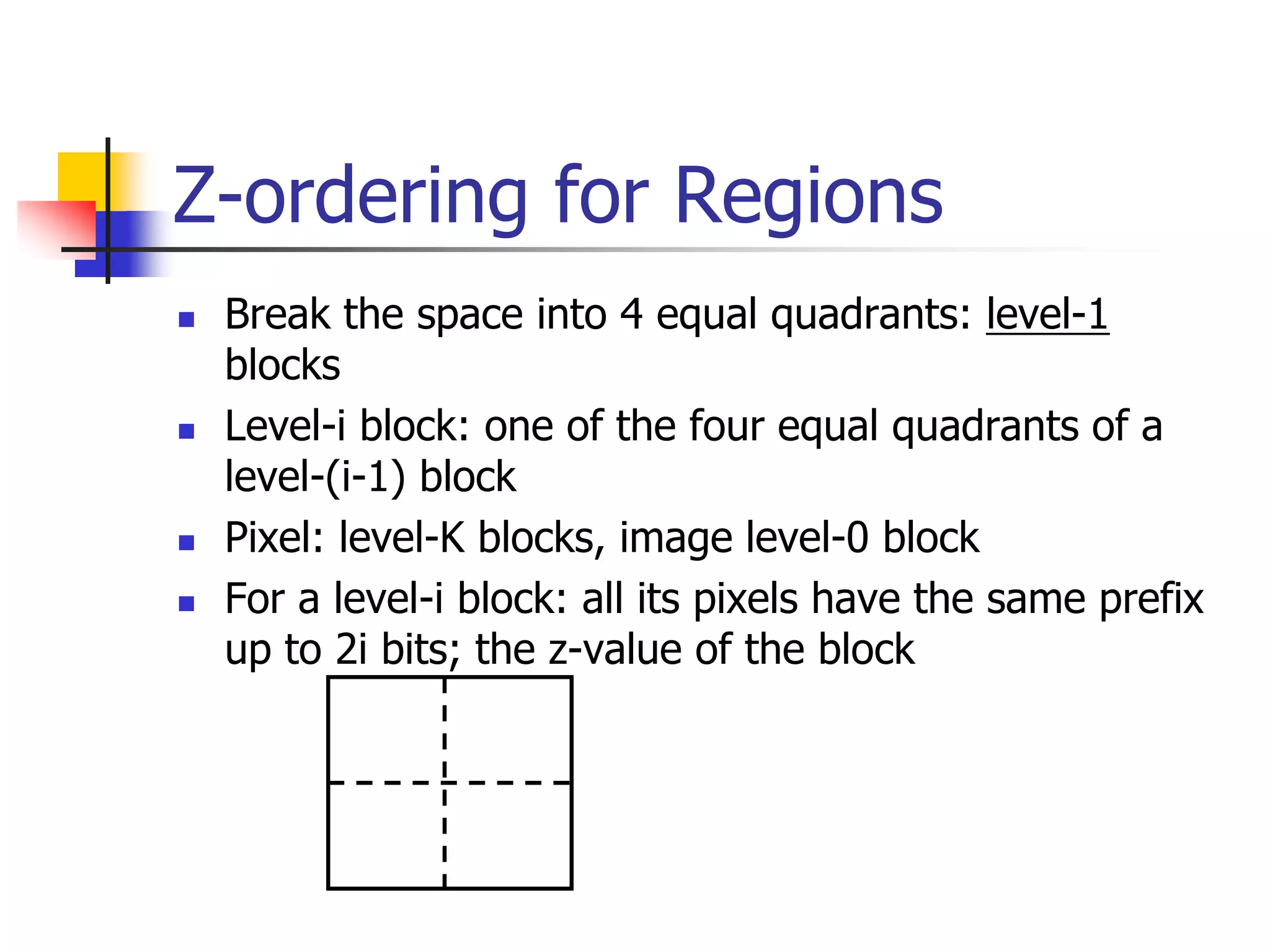 Z-ordering for Regions
 Break the space into 4 equal quadrants: level-1
blocks
 Level-i block: one of the four equal quadrants of a
level-(i-1) block
 Pixel: level-K blocks, image level-0 block
 For a level-i block: all its pixels have the same prefix
up to 2i bits; the z-value of the block
 