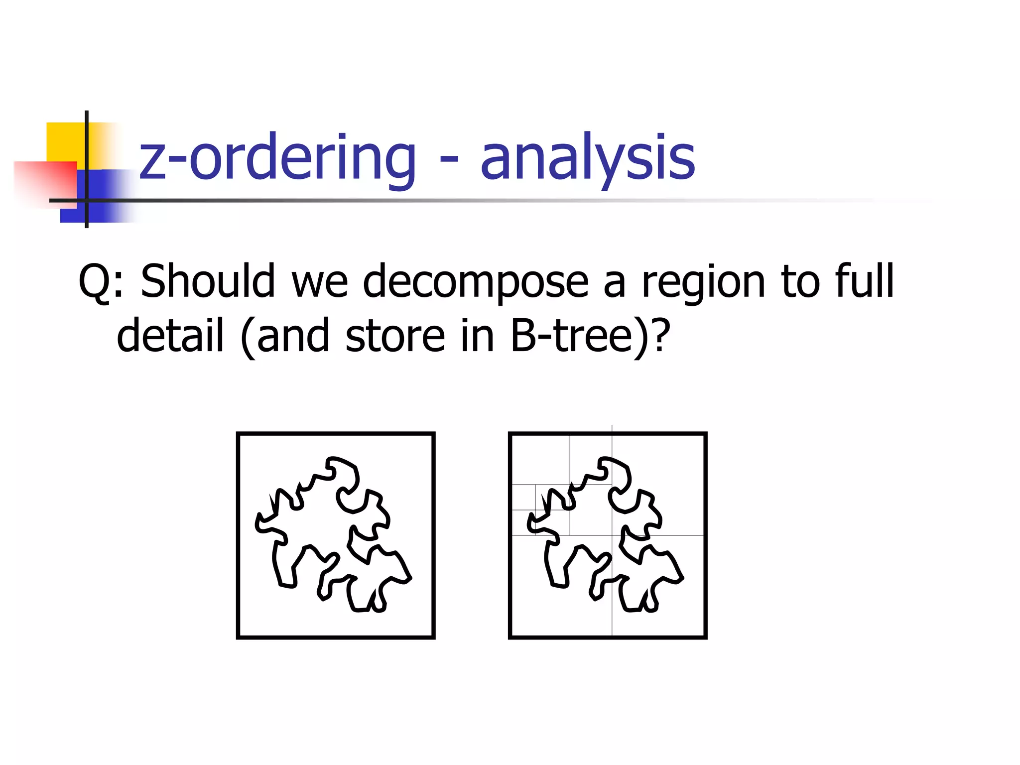 z-ordering - analysis
Q: Should we decompose a region to full
detail (and store in B-tree)?
 