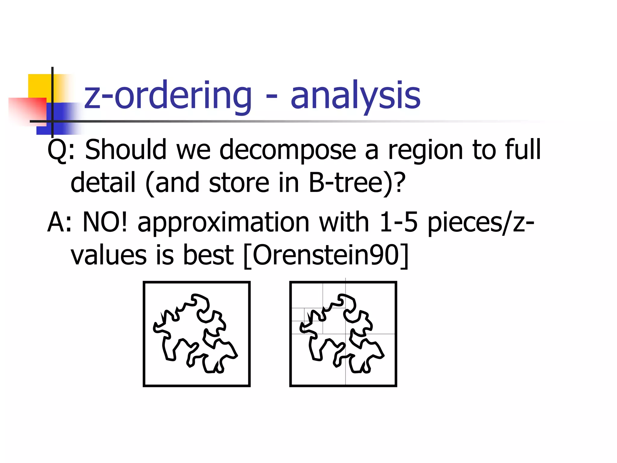 z-ordering - analysis
Q: Should we decompose a region to full
detail (and store in B-tree)?
A: NO! approximation with 1-5 pieces/z-
values is best [Orenstein90]
 